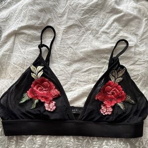 Black Bralette with Red Floral Embroidery